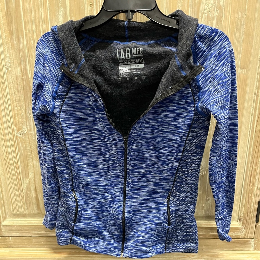 IAB MFG blue striped zip-up jacket with hoodie